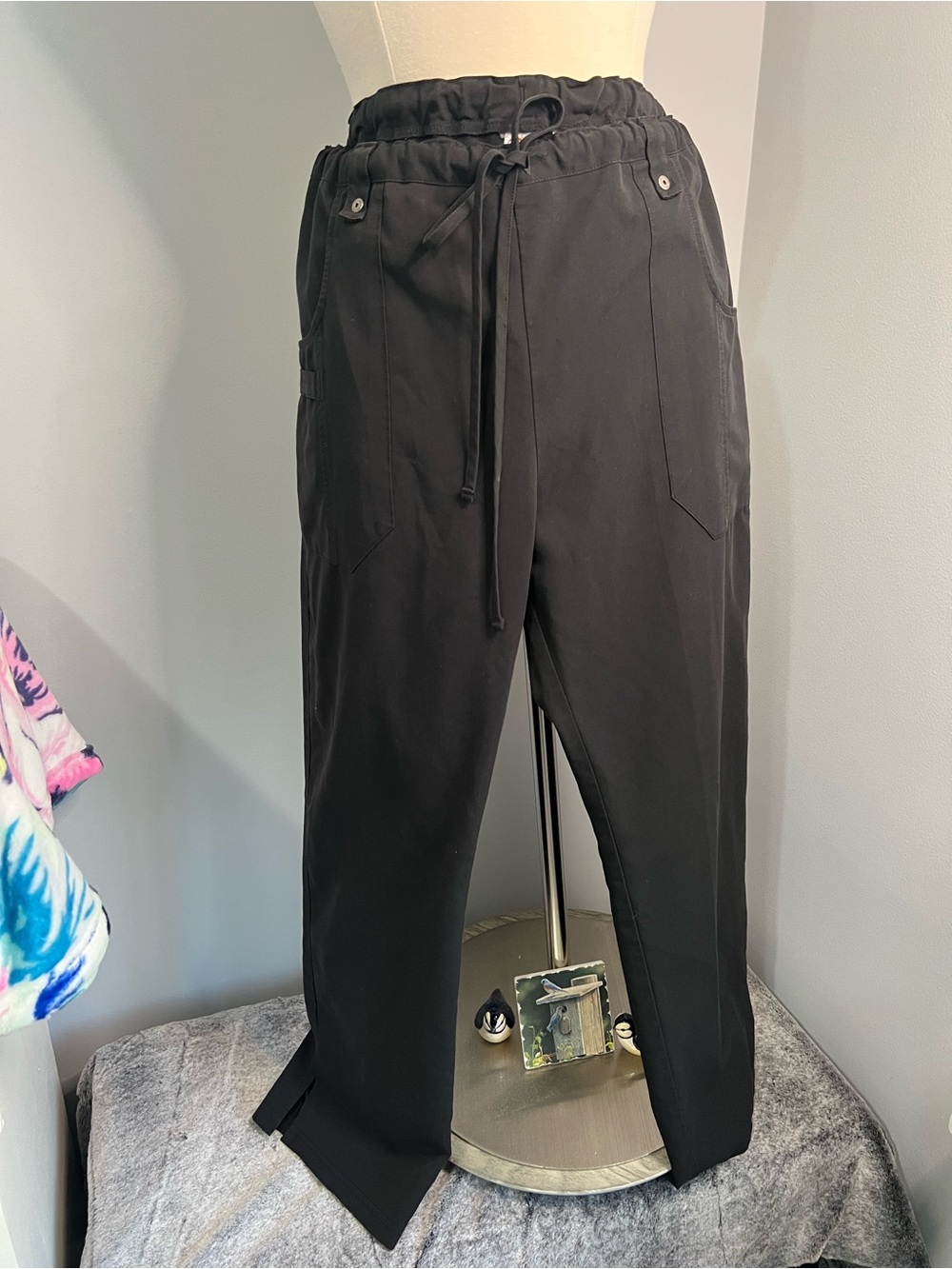 Dickies Size LP Petite Black Straight Leg Drawstring Pant with Side Slits